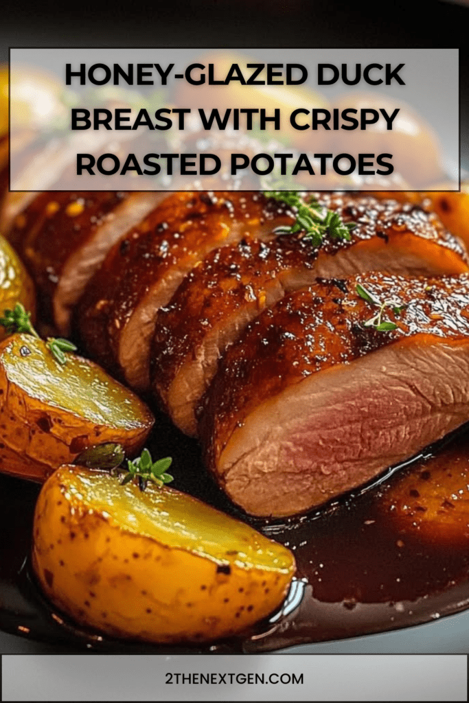 Sliced honey-glazed duck breast served with golden roasted baby potatoes, drizzled with caramelized sauce on a white plate.