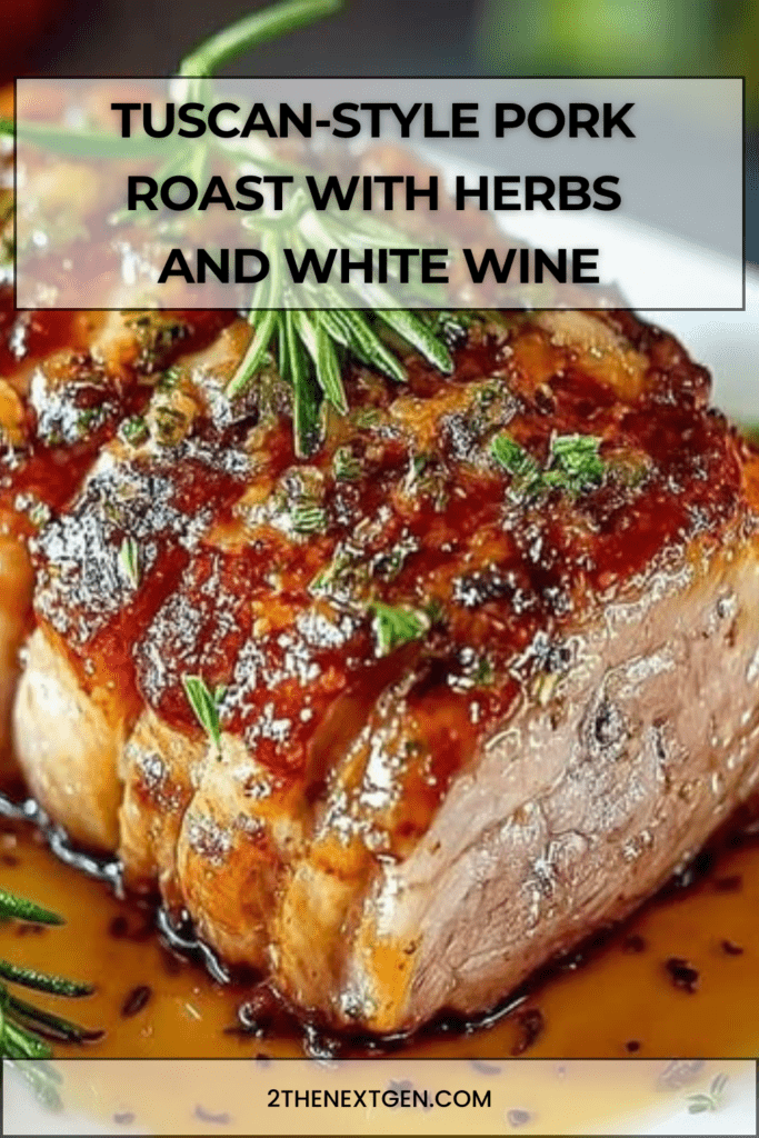 Sliced Tuscan-style pork roast with golden crust, fresh herbs and pan juices served in a rustic dish.