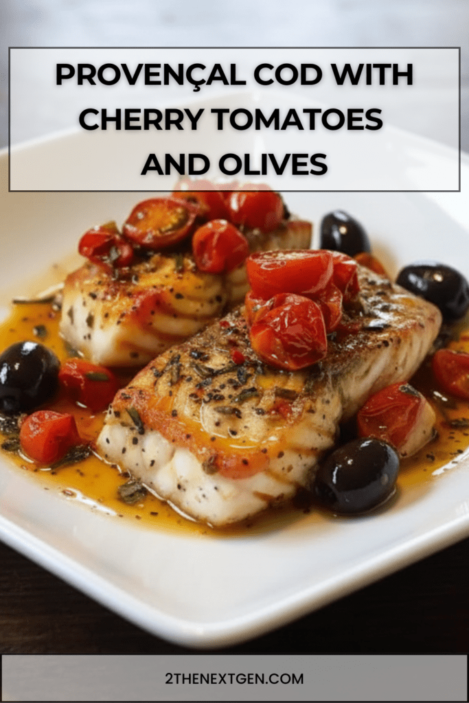 Baked Provençal cod fillets topped with cherry tomatoes, black olives, garlic and Herbes de Provence in a rustic oven dish.