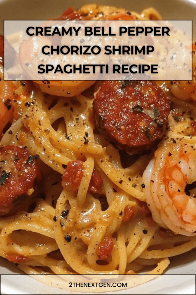 A close-up bowl of spaghetti coated in creamy bell pepper sauce with diced chorizo, sautéed shrimp, onions and garlic, served hot in a rustic plate.