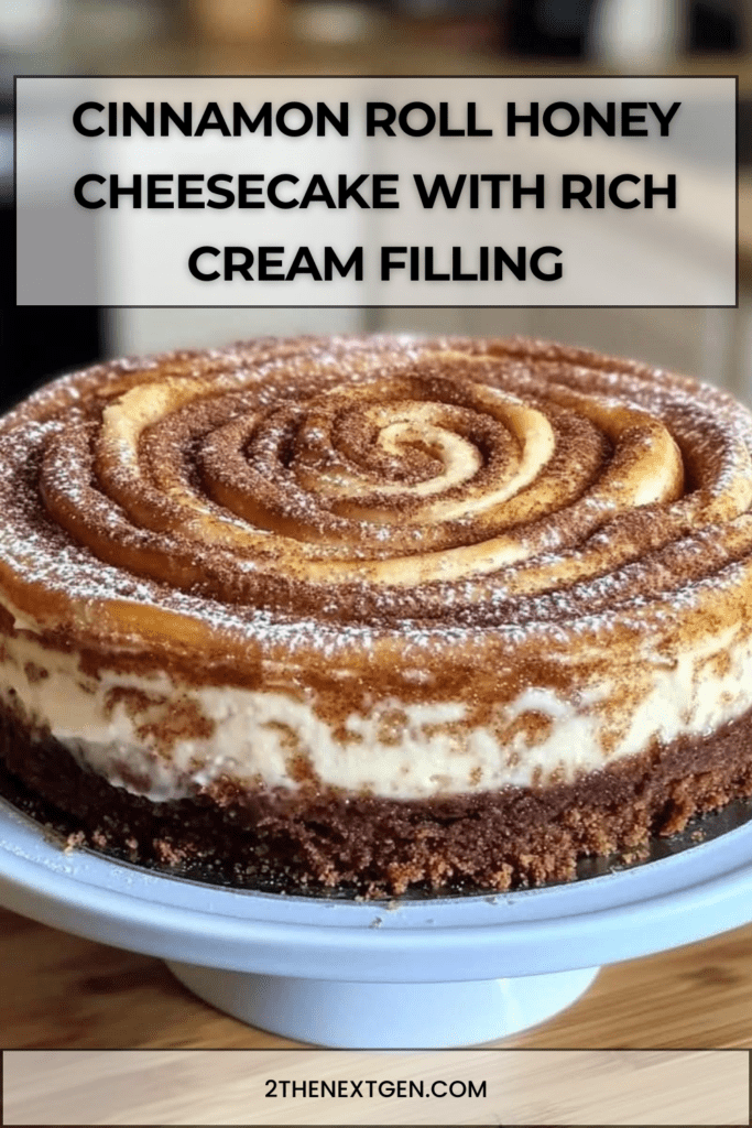A rich cinnamon roll honey cheesecake topped with golden cinnamon roll pieces and glossy honey syrup on a round serving plate.