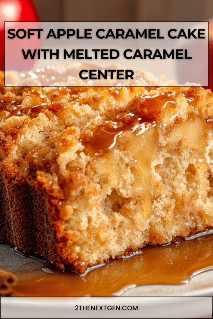 A soft apple cake sliced open to reveal tender apple pieces and a caramel swirl, topped with extra liquid caramel.