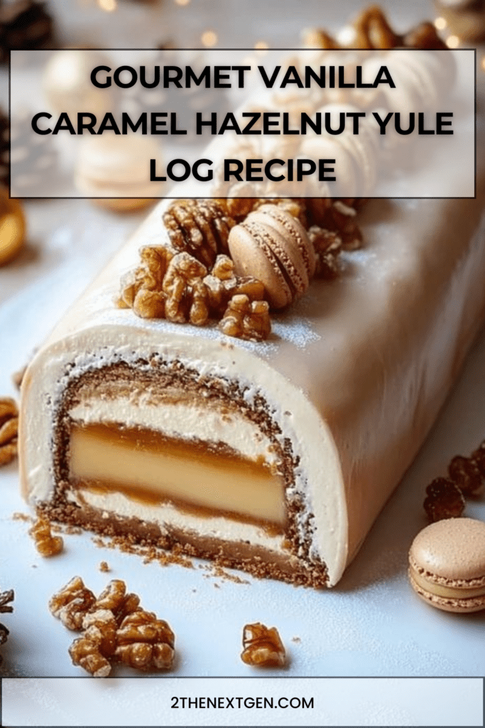 A festive and gourmet vanilla Yule log covered in mascarpone cream, decorated with macarons, nuts and icing sugar, with a swirl of caramel filling visible inside.