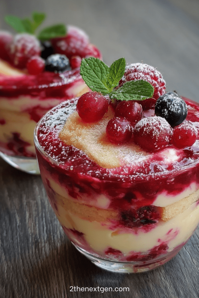 A glass jar filled with layers of light yogurt cream, soaked ladyfinger biscuits and mixed red berries, topped with fresh fruit for a refreshing berry tiramisu.