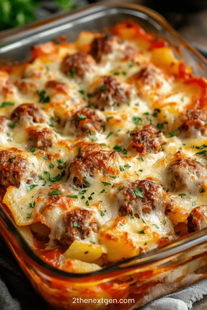 A slice of potato gratin layered with golden meatballs, creamy sauce and melted cheese served in a rustic baking dish.