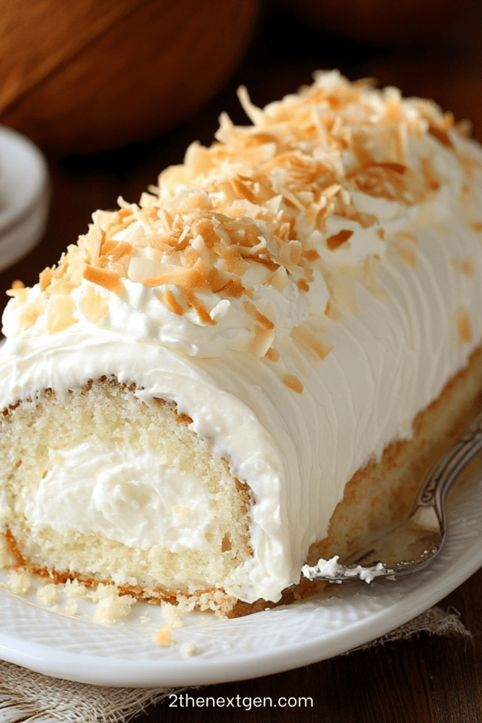 A soft coconut Swiss roll filled with creamy coconut pastry cream. Light, tropical and perfect for celebrations or afternoon tea.