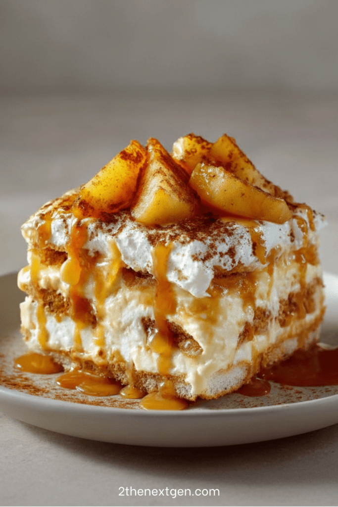 A glass dessert layered with caramelized apples, mascarpone cream and soaked ladyfingers, topped with salted butter caramel and cocoa powder.