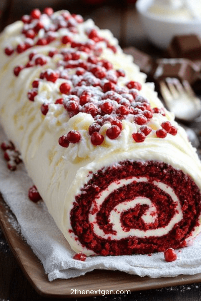 A sliced red velvet cake roll filled with smooth cream cheese frosting and garnished with fresh red berries and powdered sugar.