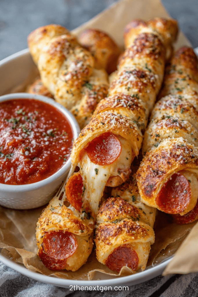 Golden baked cheesy pepperoni pizza sticks filled with melted mozzarella, brushed with garlic butter and served with marinara sauce.