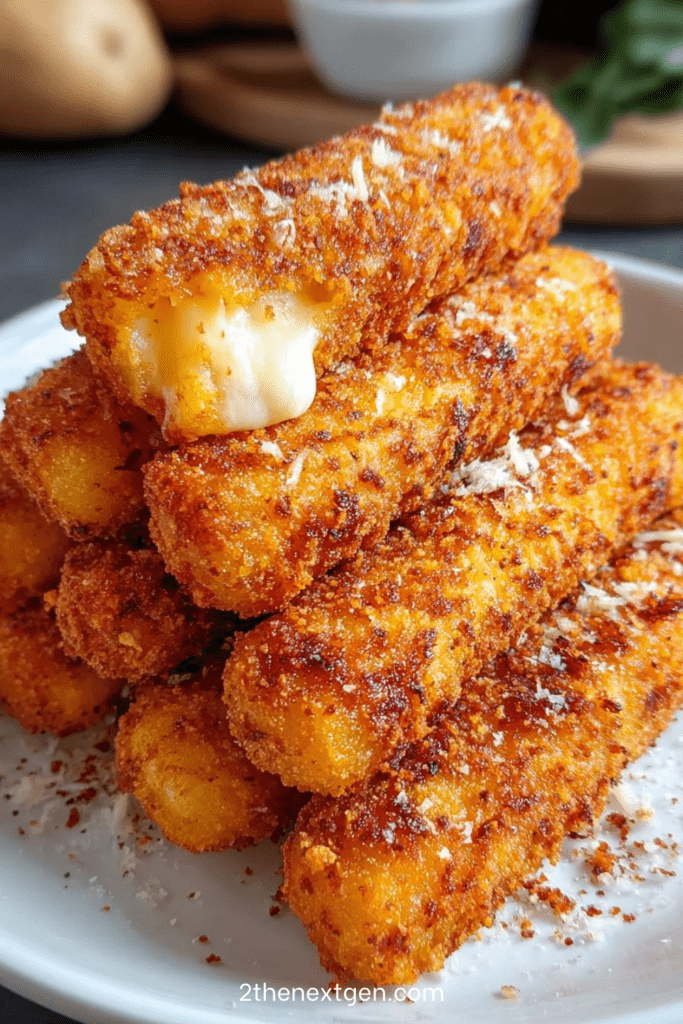 Golden homemade mozzarella sticks with a crispy breadcrumb coating, served hot with marinara sauce for dipping.