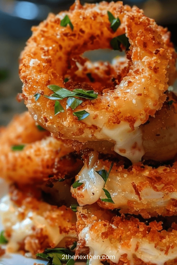 Crispy cheesy stuffed mozzarella onion rings with a golden coating and gooey center.