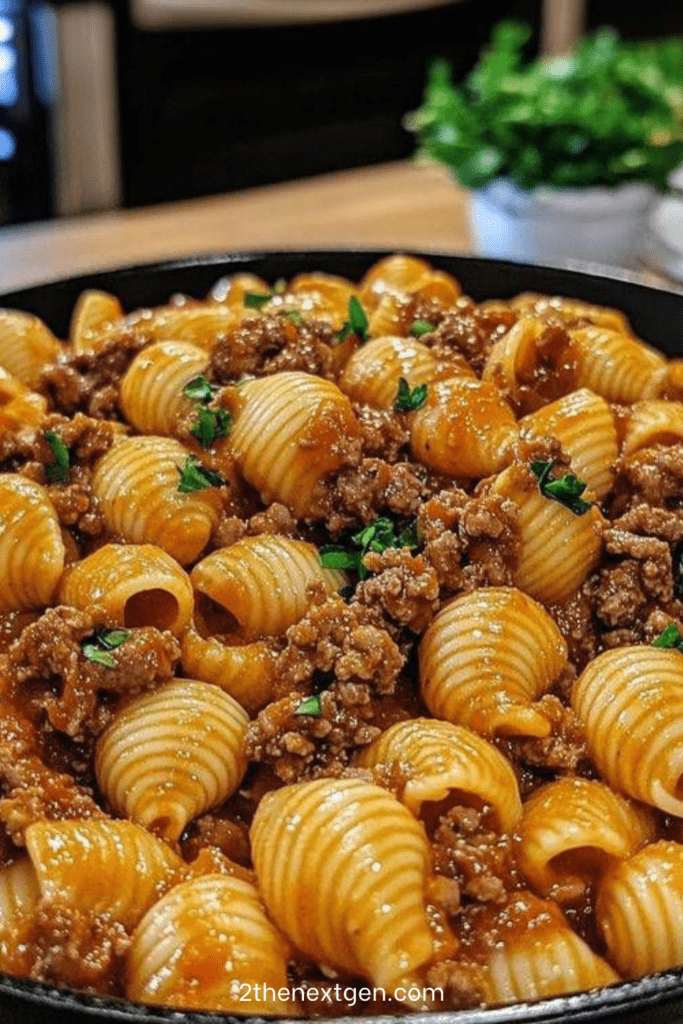 Creamy beef and shells pasta served in a bowl with ground beef, tender shell pasta, tomato cream sauce and melted cheese.