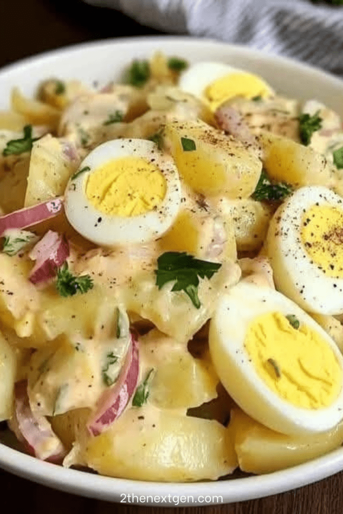 A bowl of creamy potato salad mixed with sliced potatoes, hard-boiled eggs, tomato, red onion and parsley, drizzled with homemade mayonnaise dressing.