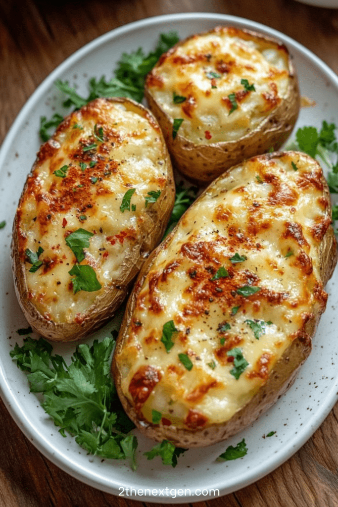 Golden twice-baked potatoes filled with creamy mashed potato, melted cheese and herbs, served hot on a baking tray.