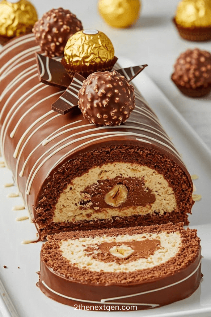 Ferrero Rocher chocolate hazelnut cake roll with cocoa sponge, Nutella cream filling, chocolate ganache and hazelnut decoration.