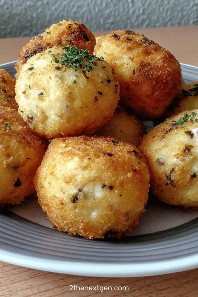 Golden crispy potato balls filled with cream cheese, freshly fried and served hot with a crunchy breadcrumb coating.