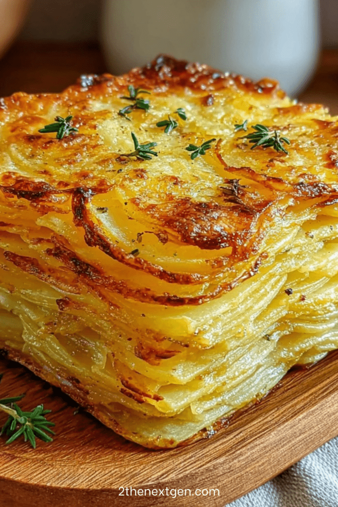 Crispy potato mille-feuille layered with thin potato slices, brown butter and thyme, baked until golden and perfectly crisp.