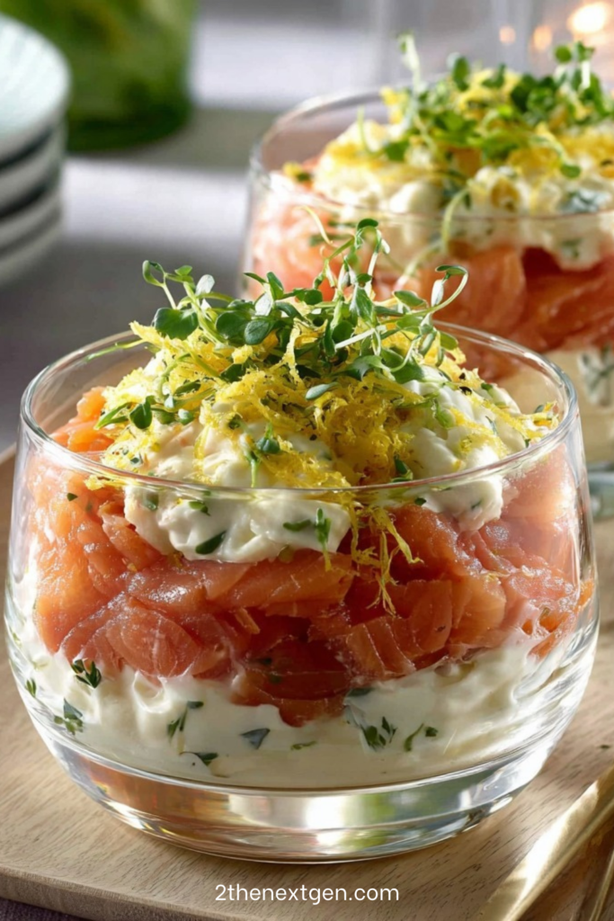 Smoked salmon verrines layered with cream cheese, preserved lemon zest and fresh microgreens served in clear glasses.