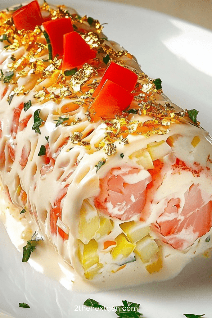 Savory yule log made of smoked salmon filled with shrimp, cream cheese, cucumber and herbs, decorated for a festive presentation.