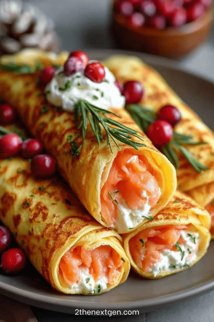 Rolled crêpes filled with smoked salmon and cream cheese, garnished with fresh dill and cranberries, served neatly on a plate.