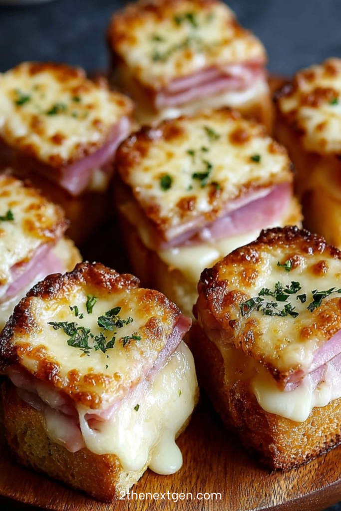 Small golden mini Croque-Monsieur cubes made from layered bread, ham and melted cheese, topped with gratin cheese and parsley on a baking tray.
