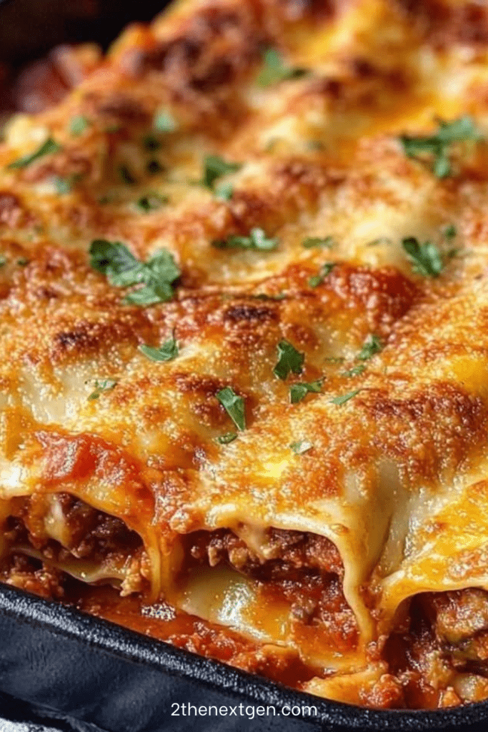 Baked Sicilian-style cannelloni filled with beef, ricotta and herbs, topped with melted mozzarella and Parmesan in a rich tomato sauce.