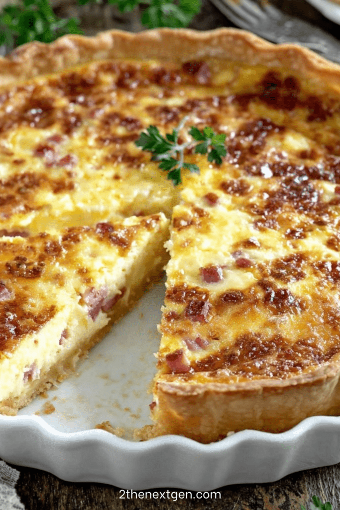 A golden baked classic ham and cheese quiche in a tart tin with a flaky shortcrust pastry, creamy egg custard and melted cheese slices on top.