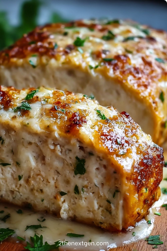 Sliced garlic Parmesan chicken meatloaf topped with melted cheese, showing a juicy and tender texture with herbs and golden crust.