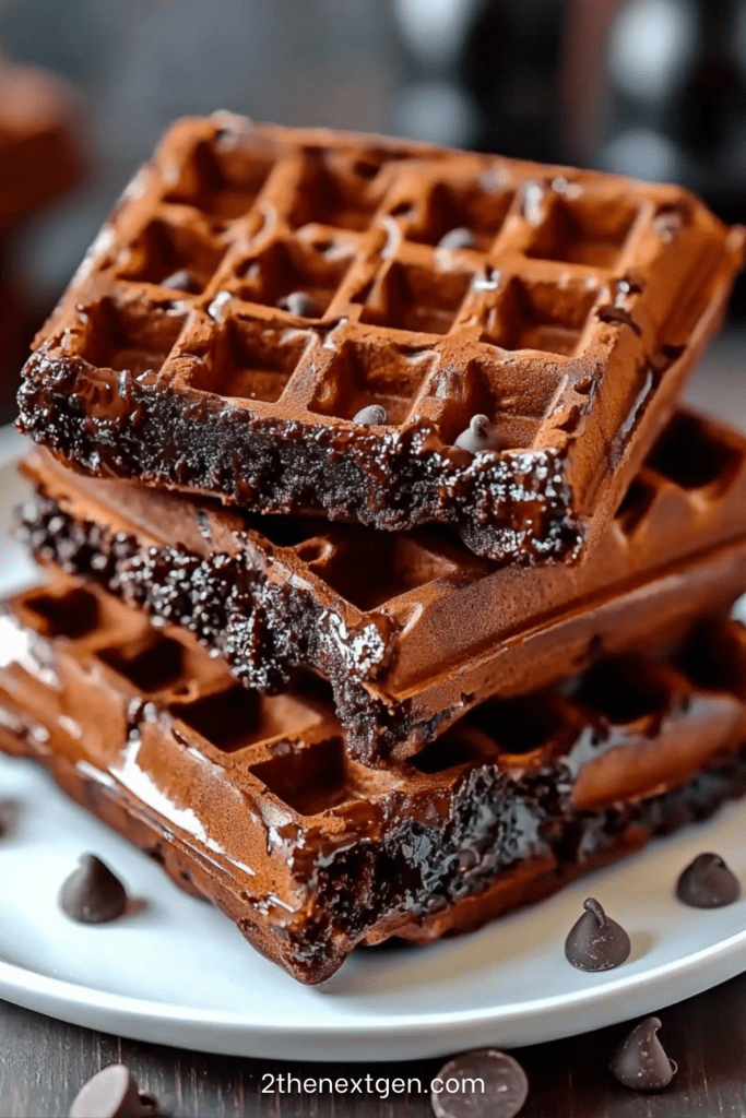 Close-up of rich chocolate brownie waffles stacked on a plate and topped with chocolate chips and powdered sugar.