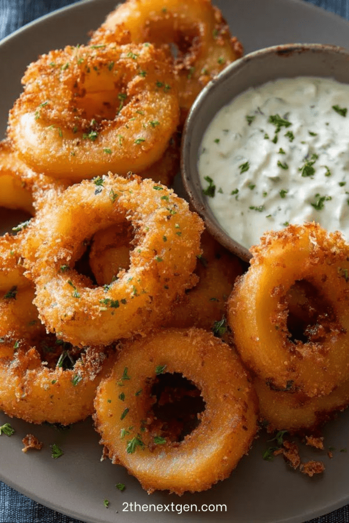 Golden crispy fried onion rings stacked on a plate beside a bowl of creamy dipping sauce with paprika and herbs.