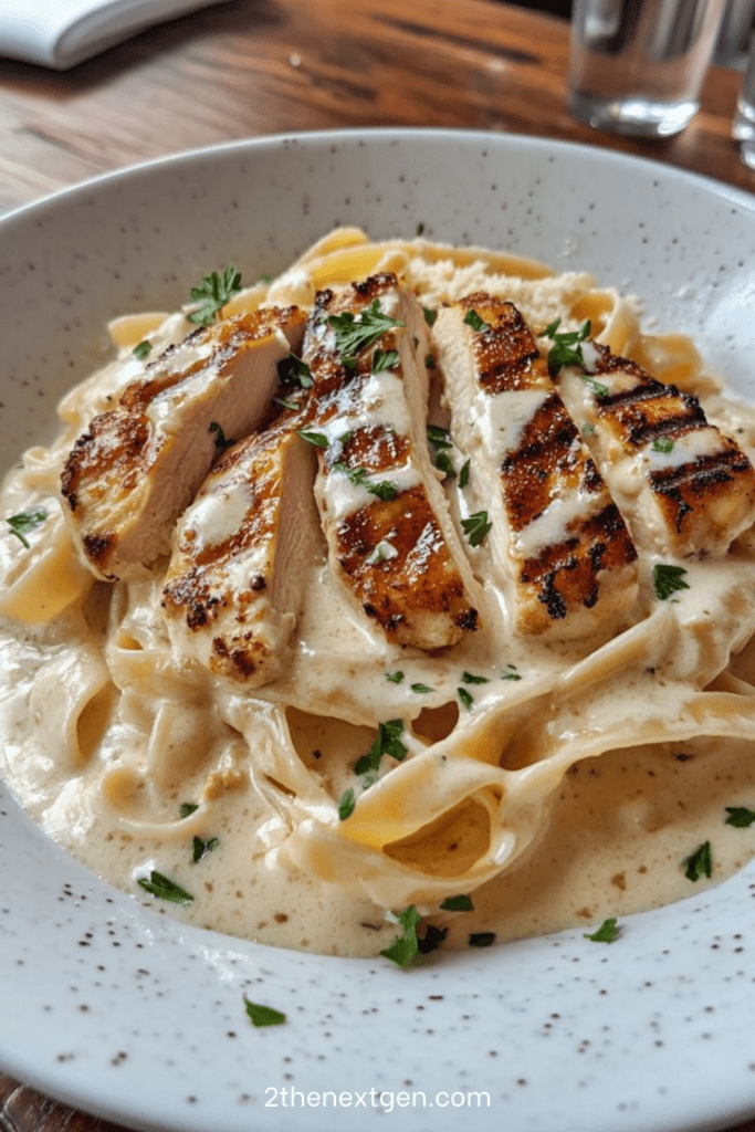 Creamy fettuccine Alfredo pasta topped with sliced grilled chicken breast and garnished with fresh parsley and Parmesan cheese.