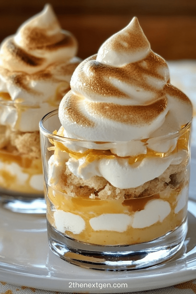 Glass lemon meringue verrines filled with layered lemon cream and crumbled biscuits, topped with piped golden-brown meringue.