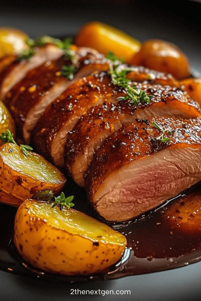Sliced honey-glazed duck breast served with golden roasted baby potatoes, drizzled with caramelized sauce on a white plate.