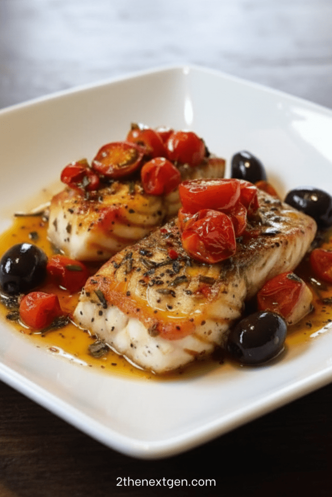 Baked Provençal cod fillets topped with cherry tomatoes, black olives, garlic and Herbes de Provence in a rustic oven dish.