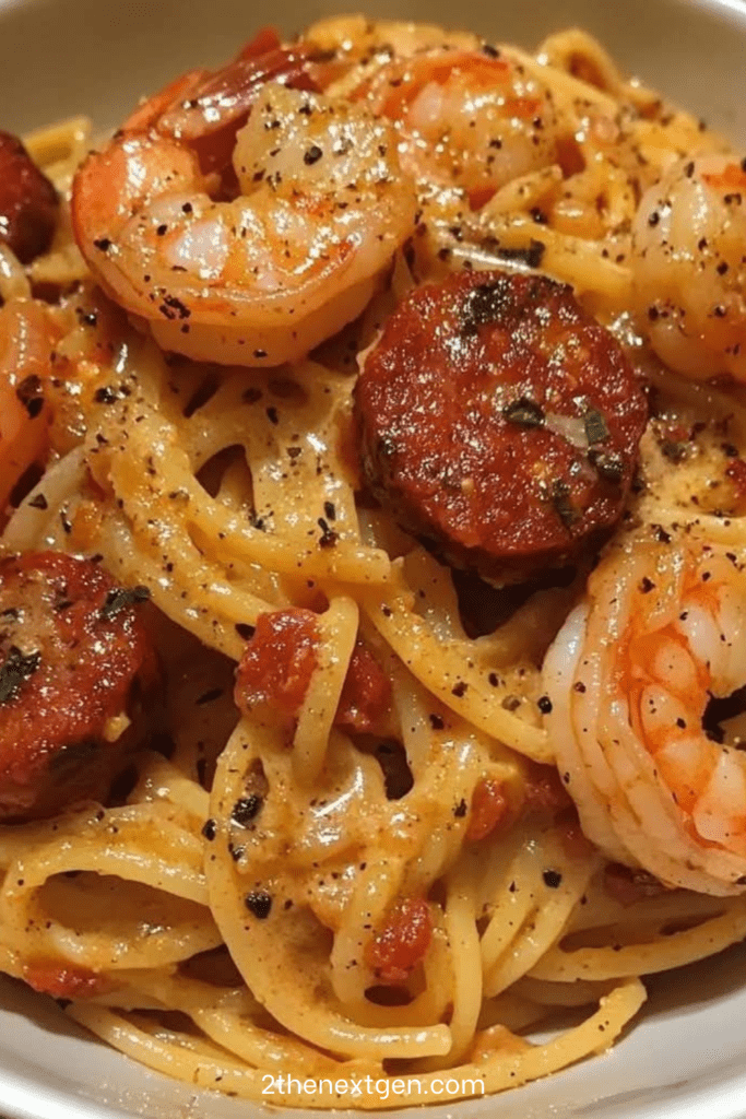 A close-up bowl of spaghetti coated in creamy bell pepper sauce with diced chorizo, sautéed shrimp, onions and garlic, served hot in a rustic plate.
