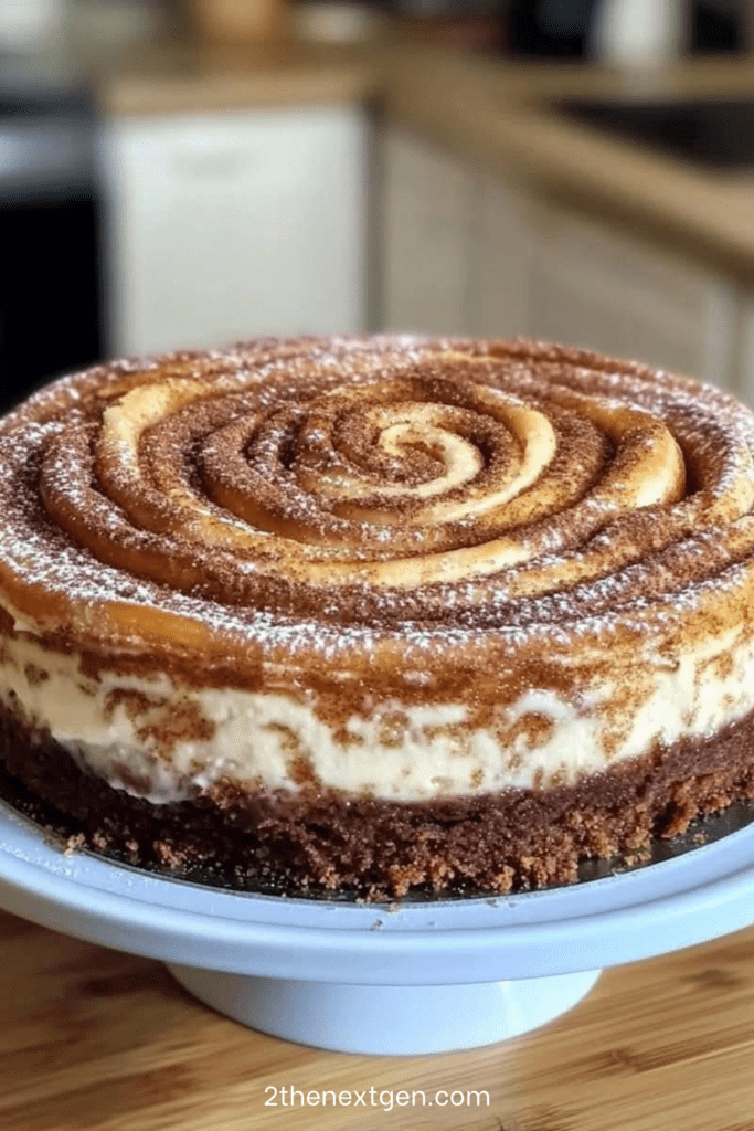 A rich cinnamon roll honey cheesecake topped with golden cinnamon roll pieces and glossy honey syrup on a round serving plate.