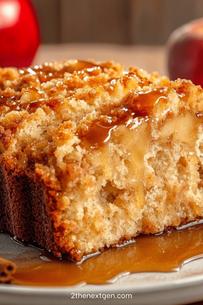 A soft apple cake sliced open to reveal tender apple pieces and a caramel swirl, topped with extra liquid caramel.