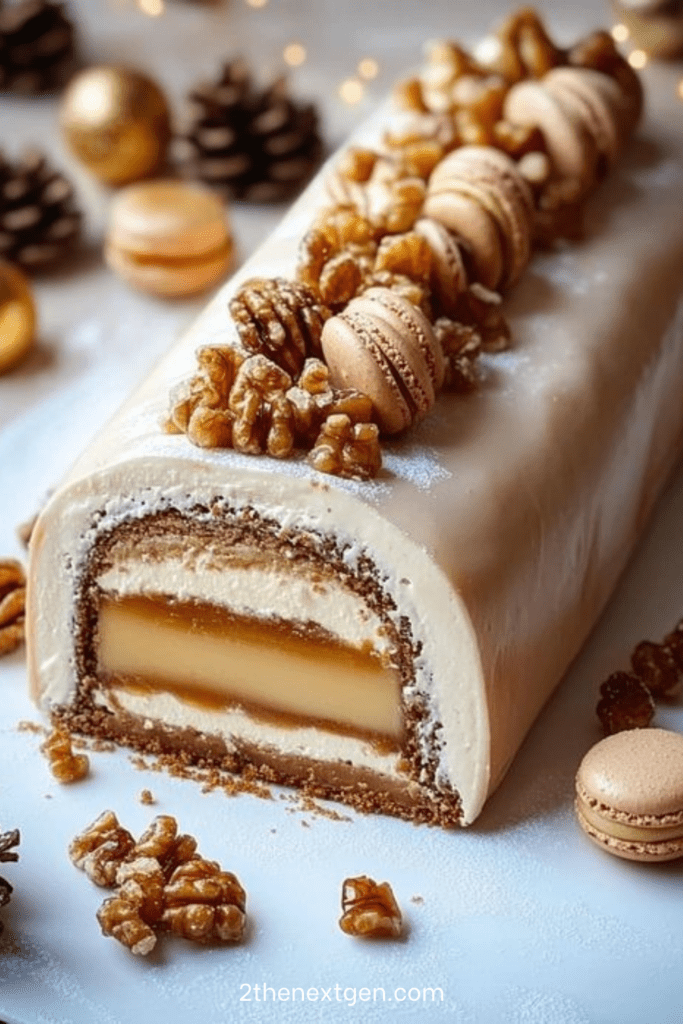A festive and gourmet vanilla Yule log covered in mascarpone cream, decorated with macarons, nuts and icing sugar, with a swirl of caramel filling visible inside.