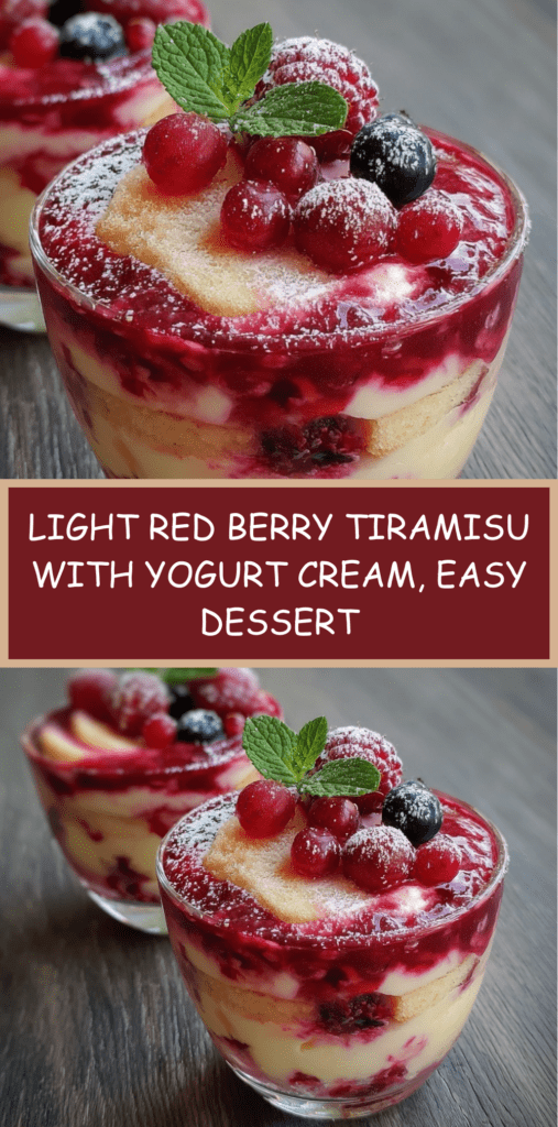 A glass jar filled with layers of light yogurt cream, soaked ladyfinger biscuits and mixed red berries, topped with fresh fruit for a refreshing tiramisu.