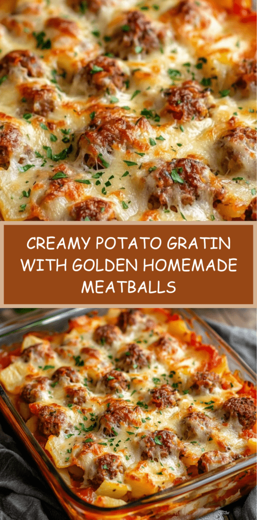 A slice of potato gratin layered with golden meatballs, creamy sauce and melted cheese served in a rustic baking dish.