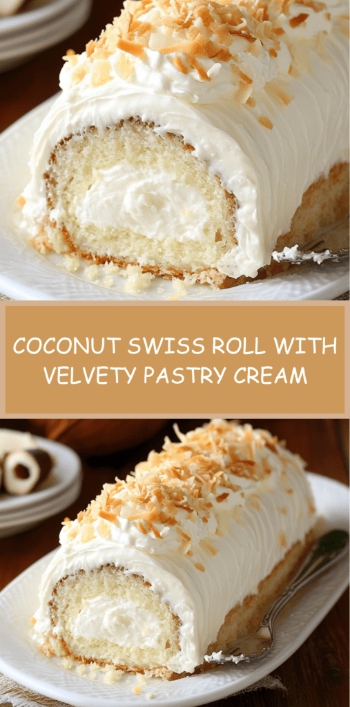 A soft coconut Swiss roll filled with creamy coconut pastry cream. Light, tropical and perfect for celebrations or afternoon tea.