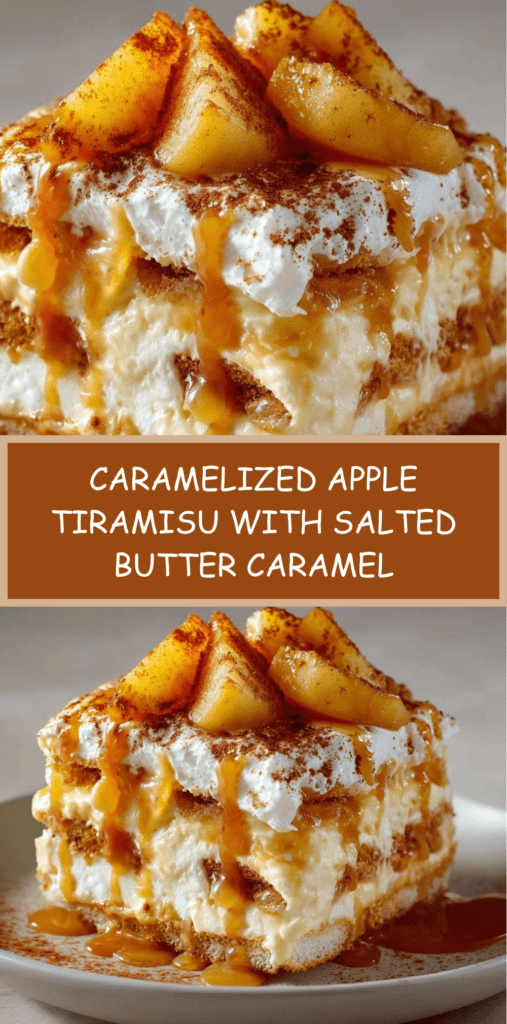 A glass dessert layered with caramelized apples, mascarpone cream and soaked ladyfingers, topped with salted butter caramel and cocoa powder.