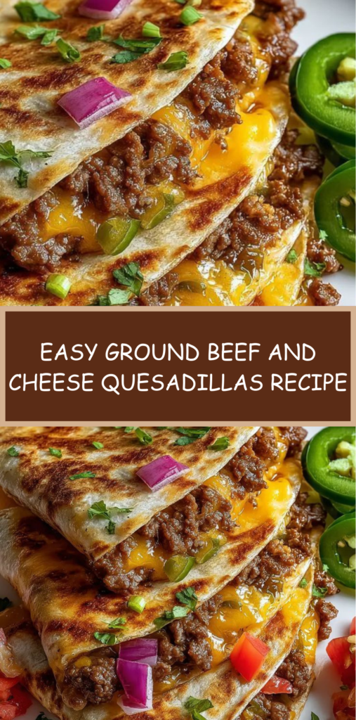 Crispy ground beef and cheese quesadillas sliced into wedges, served with sour cream, guacamole and salsa on the side.