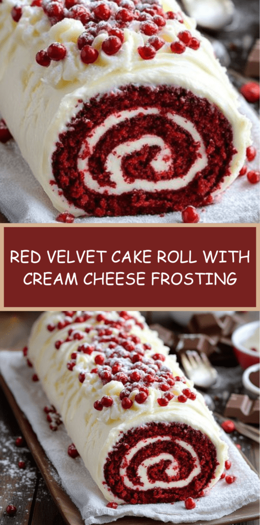 A sliced red velvet cake roll filled with smooth cream cheese frosting and garnished with fresh red berries and powdered sugar.