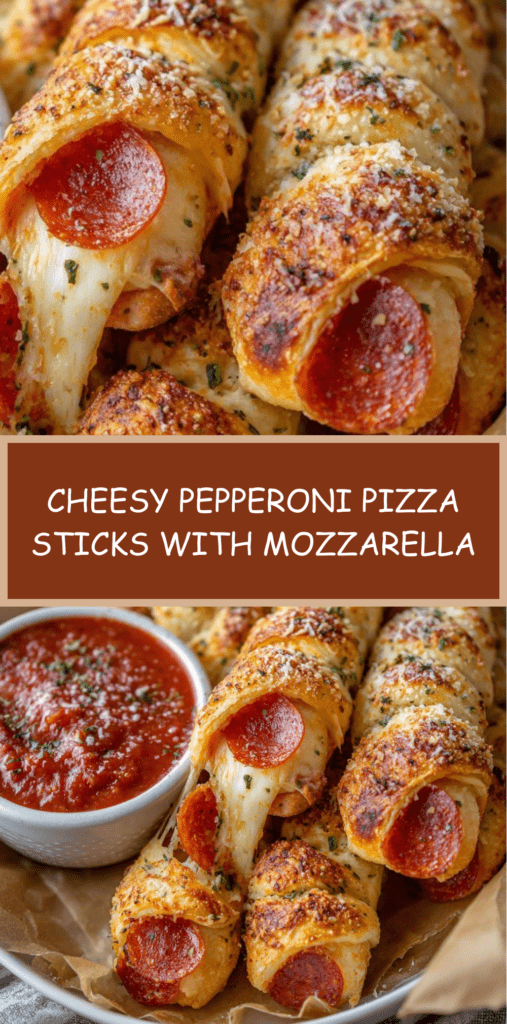 Golden baked cheesy pepperoni pizza sticks filled with melted mozzarella, brushed with garlic butter and served with marinara sauce.
