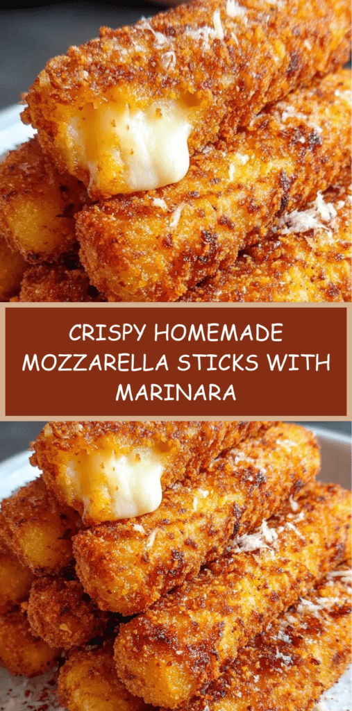 Golden homemade mozzarella sticks with a crispy breadcrumb coating, served hot with marinara sauce for dipping.