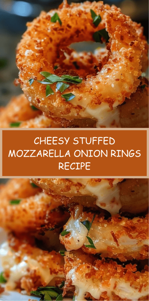 Crispy cheesy stuffed mozzarella onion rings with a golden coating and gooey center.