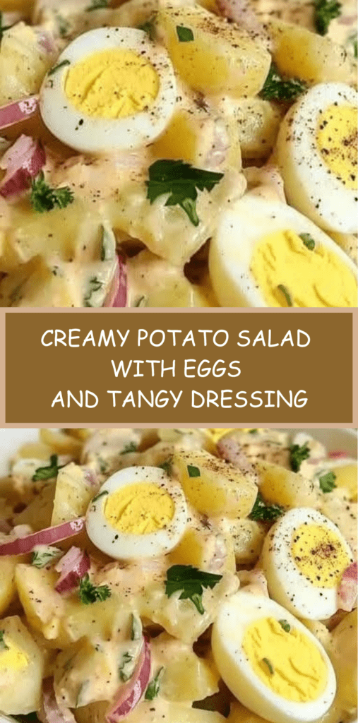 A bowl of creamy potato salad mixed with sliced potatoes, hard-boiled eggs, tomato, red onion and parsley, drizzled with homemade mayonnaise dressing.