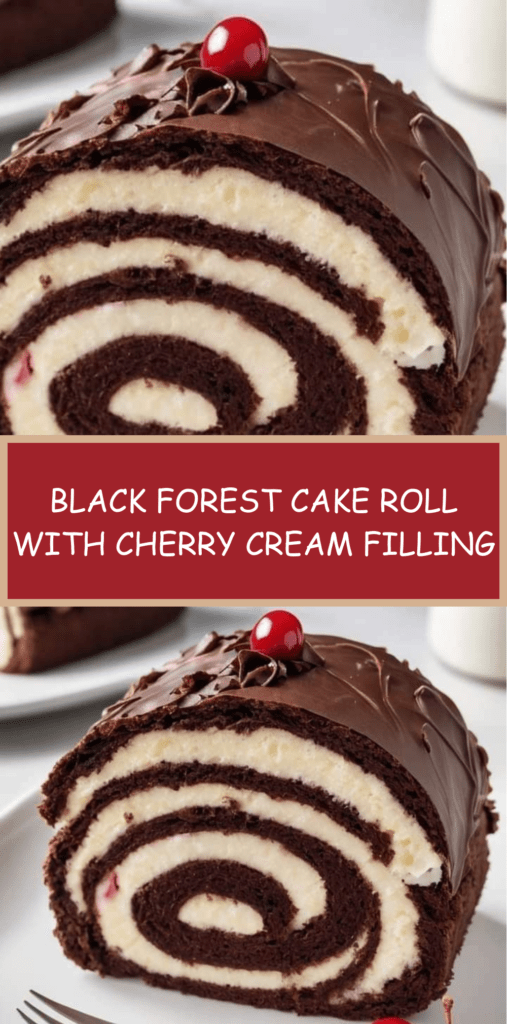 Black Forest cake roll with chocolate sponge, cherry cream cheese filling and glossy chocolate ganache, topped with whole cherries.