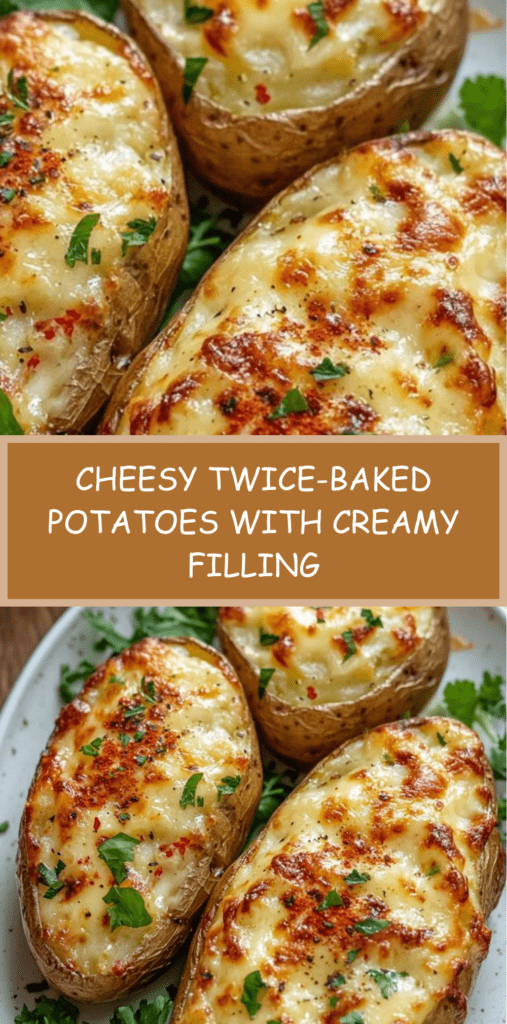 Golden twice-baked potatoes filled with creamy mashed potato, melted cheese and herbs, served hot on a baking tray.
